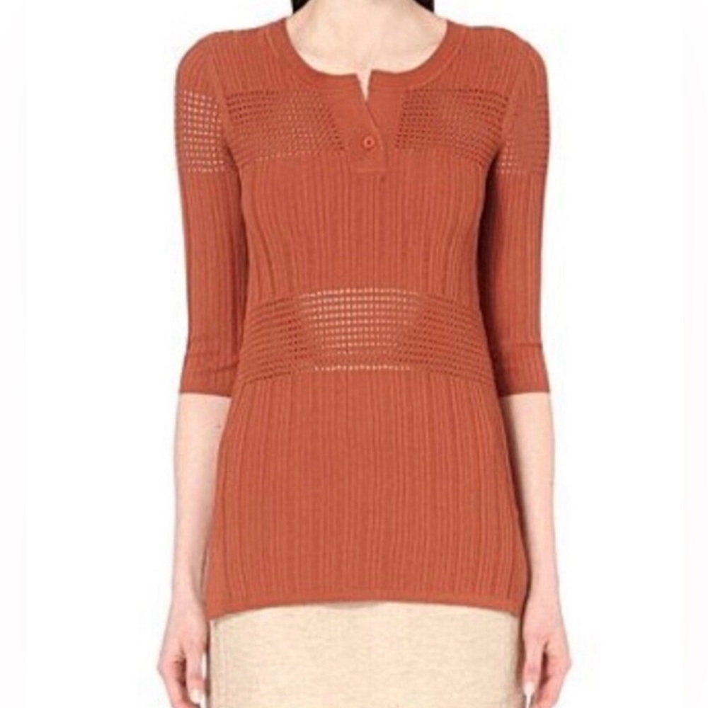 Sandro Knit Top Short Sleeve Pullover Ribbed Stretch Terracotta US SZ S  EUC